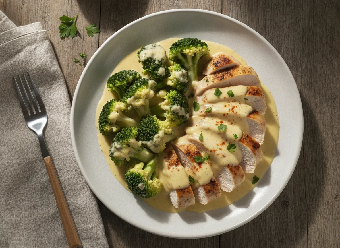 Pollo con brócoli en salsa cremosa photo
