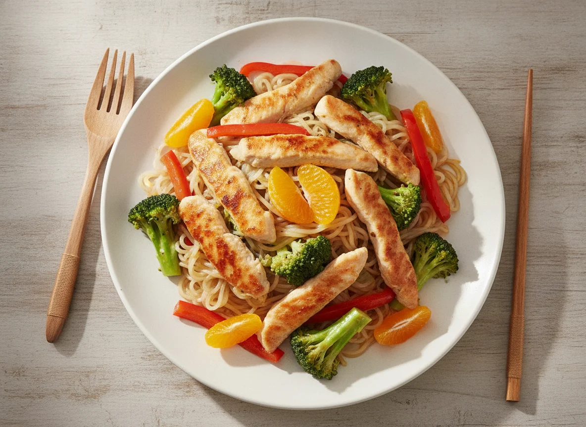 Pollo con brócoli, fideos de arroz y mandarina photo