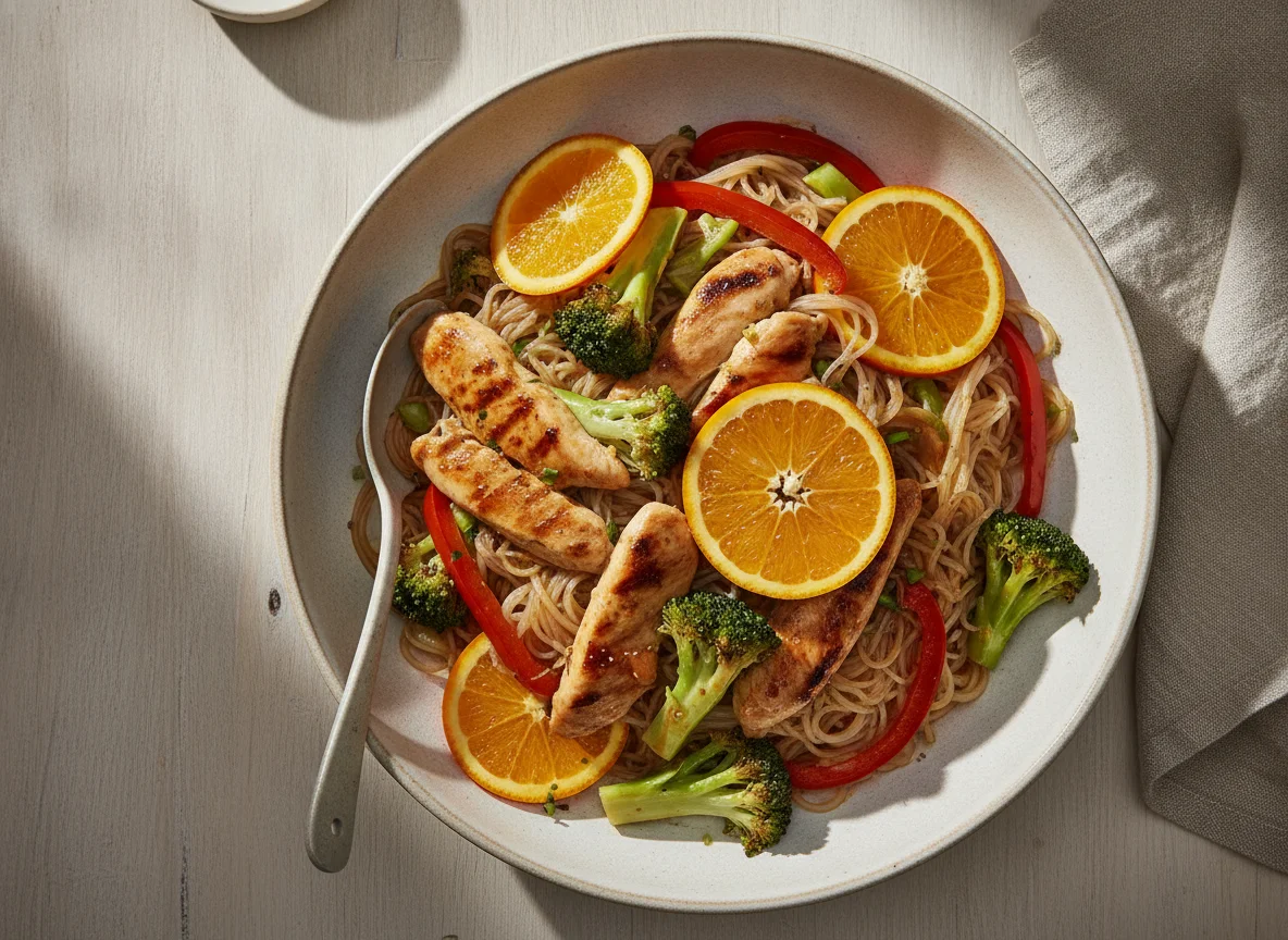 Pollo con brócoli, fideos de arroz y naranja photo