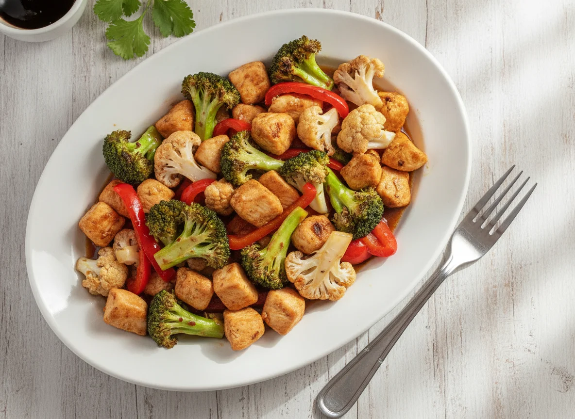 Pollo con brócoli y coliflor salteados photo
