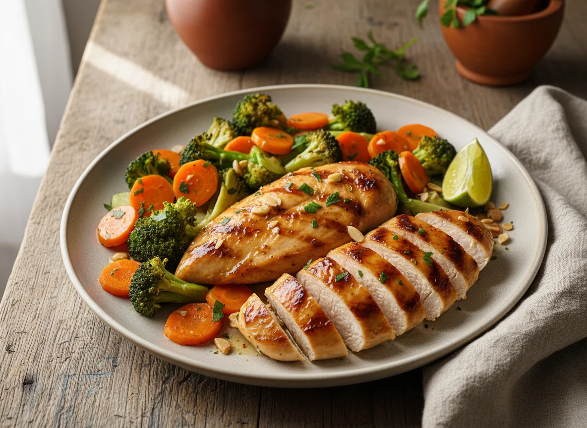 Pollo con brócoli y zanahoria photo