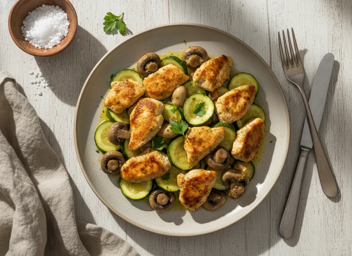 Pollo con calabacín y champiñones photo