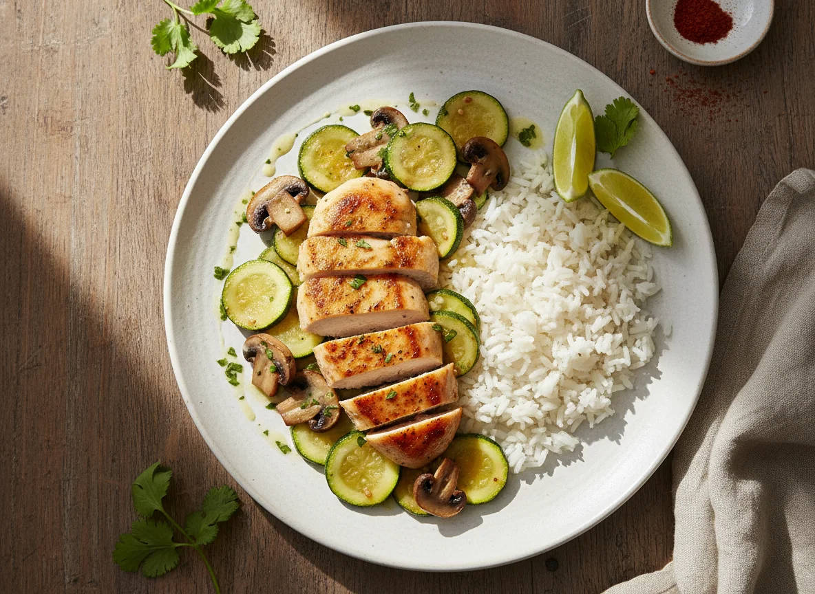 Pollo con calabacitas y arroz photo