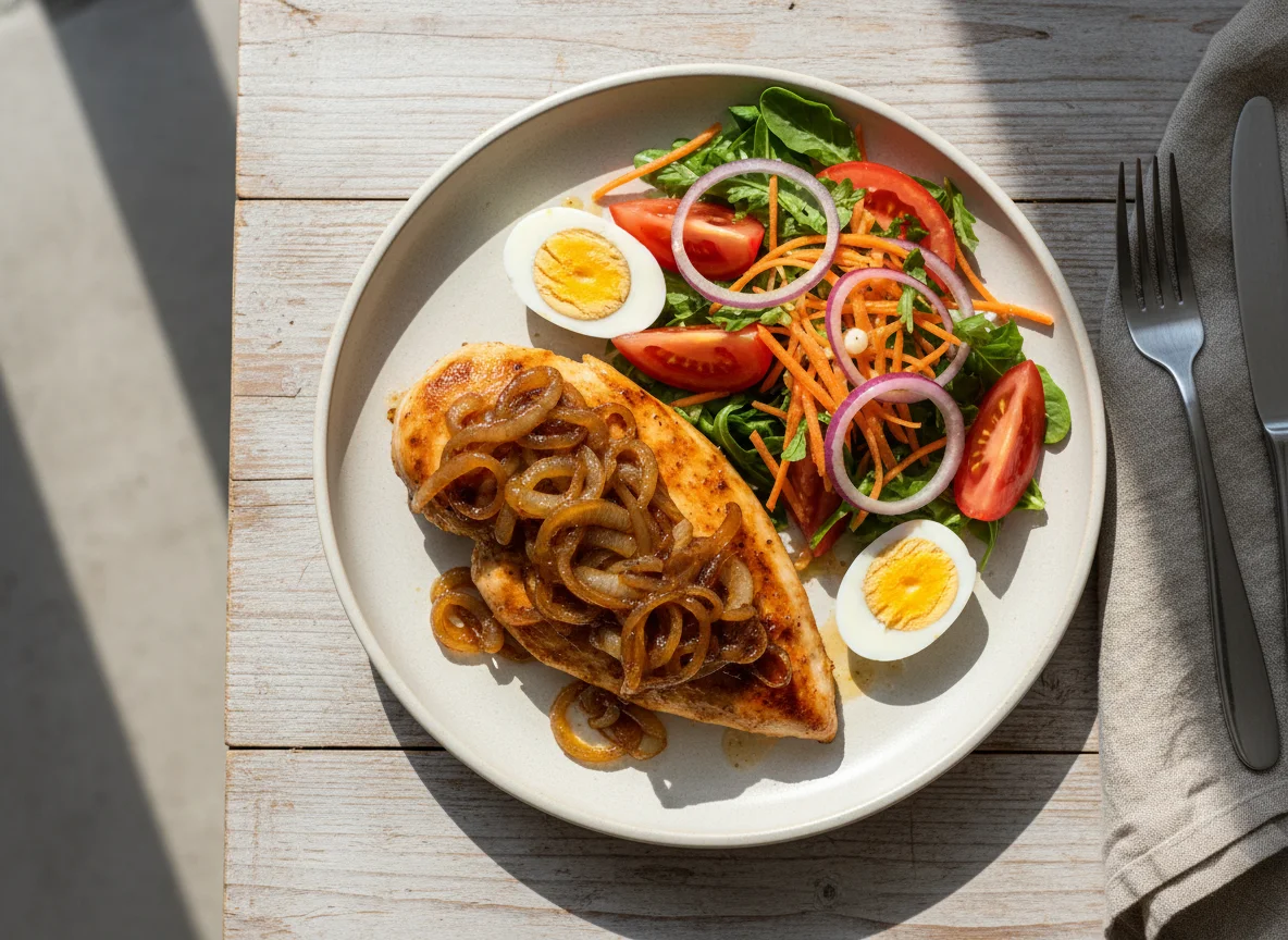 Pollo con cebolla caramelizada y ensalada photo