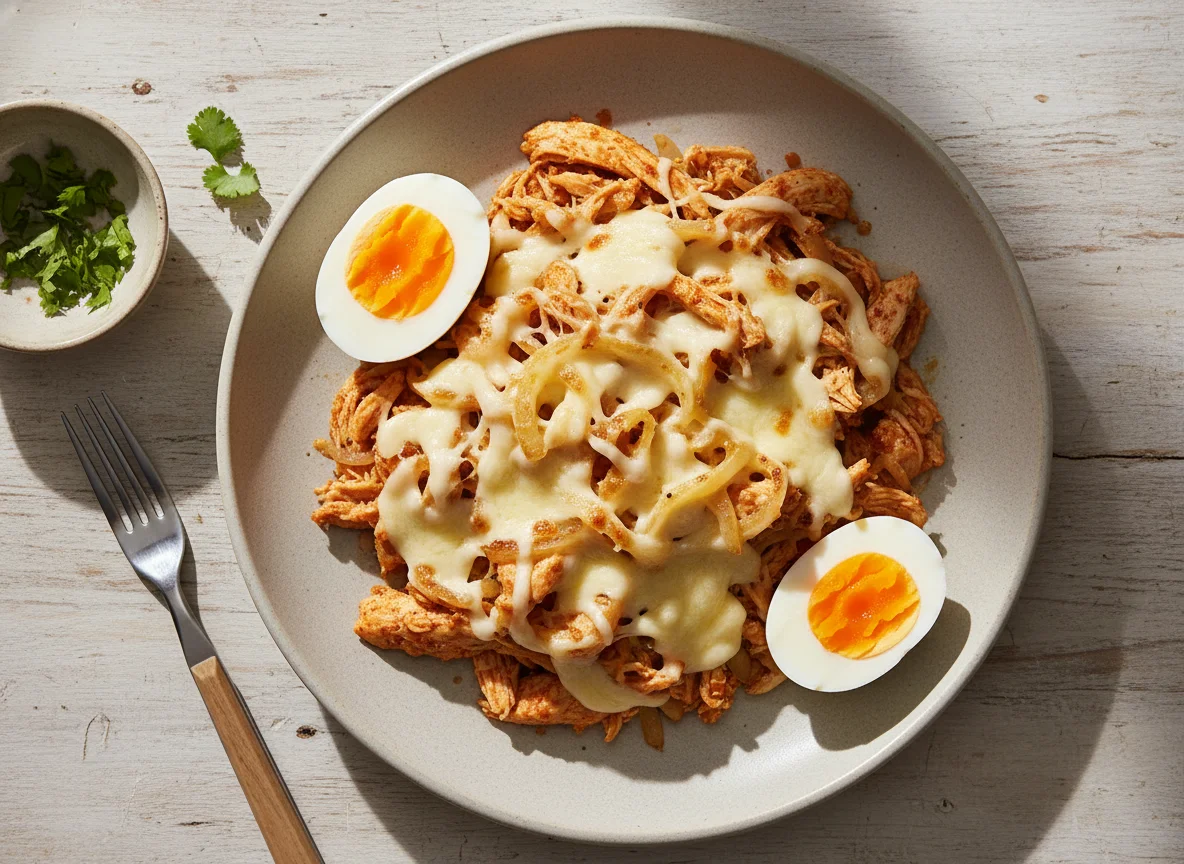Pollo con cebolla y queso, acompañado de huevo cocido photo