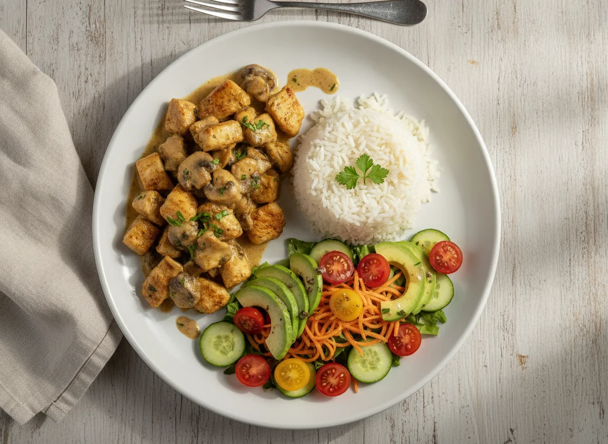 Pollo con champiñones, arroz blanco y ensalada fresca photo