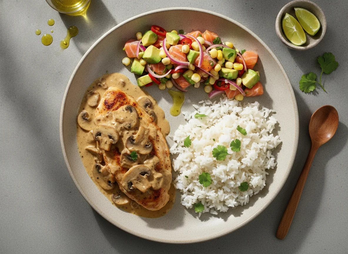 Pollo con champiñones, arroz y ceviche de salmón photo