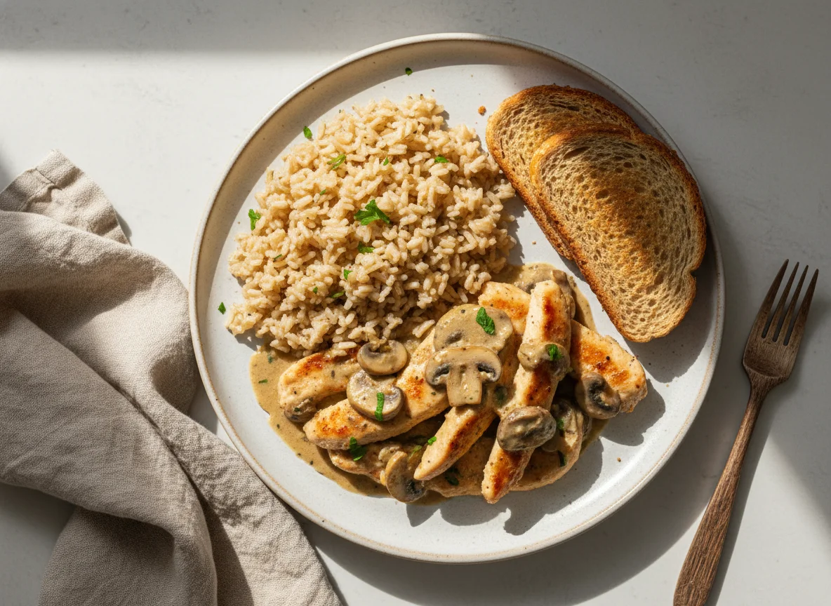 Pollo con champiñones, arroz y tostadas photo