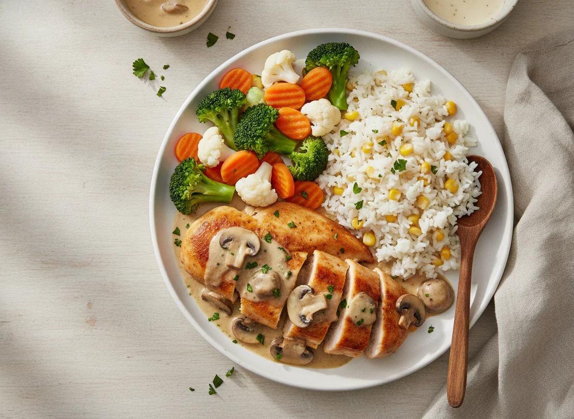 Pollo con champiñones, arroz y vegetales al vapor photo
