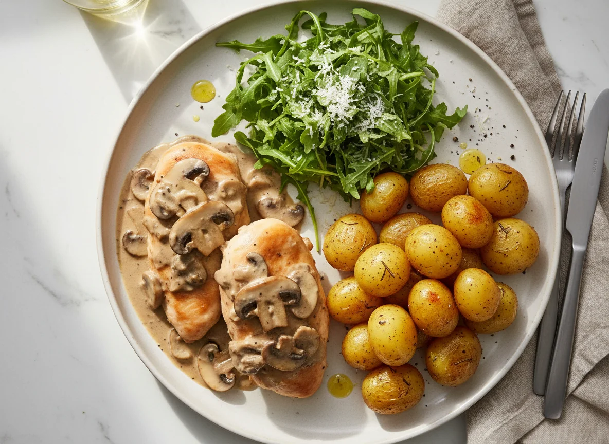 Pollo con champiñones, papas asadas y ensalada de rúcula photo