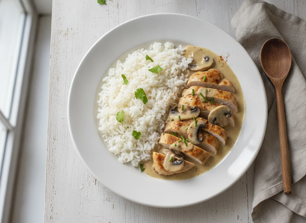 Pollo con champiñones y arroz blanco photo