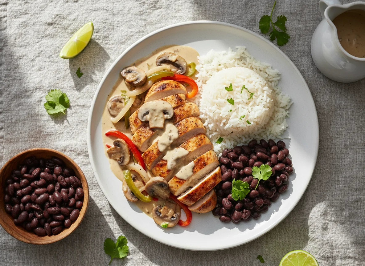 Pollo con champiñones y frijoles negros photo