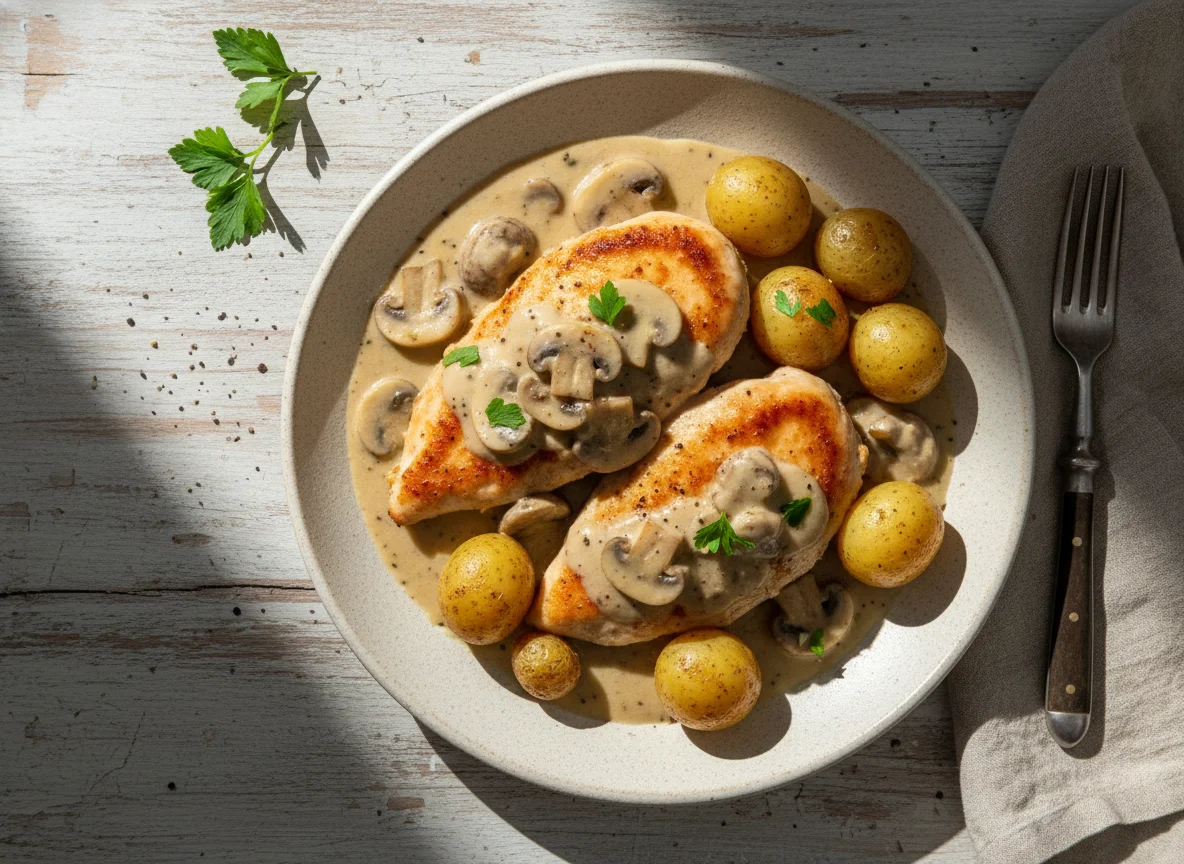 Pollo con champiñones y papas photo