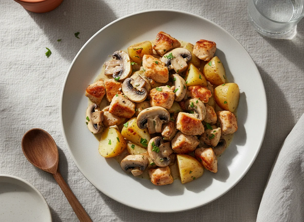 Pollo con champiñones y papas cocidas photo