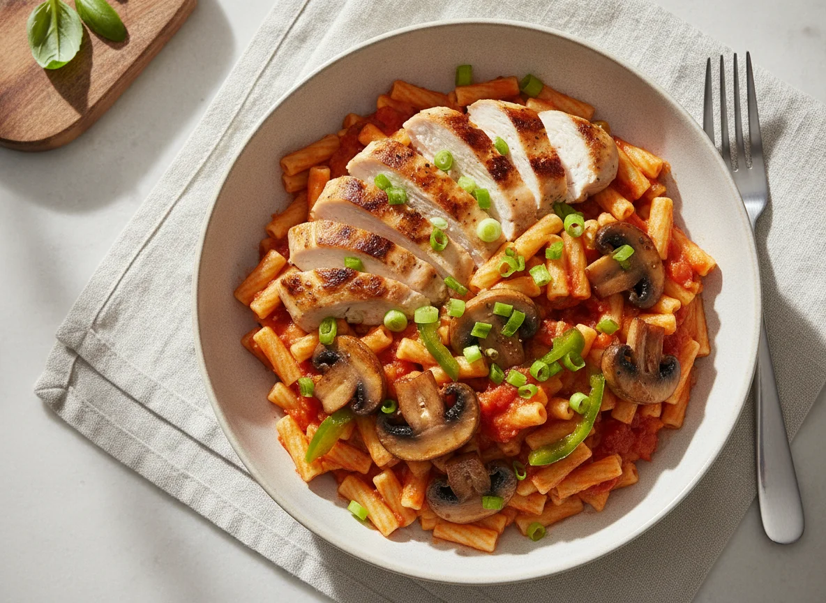 Pollo con champiñones y pasta pomodoro photo