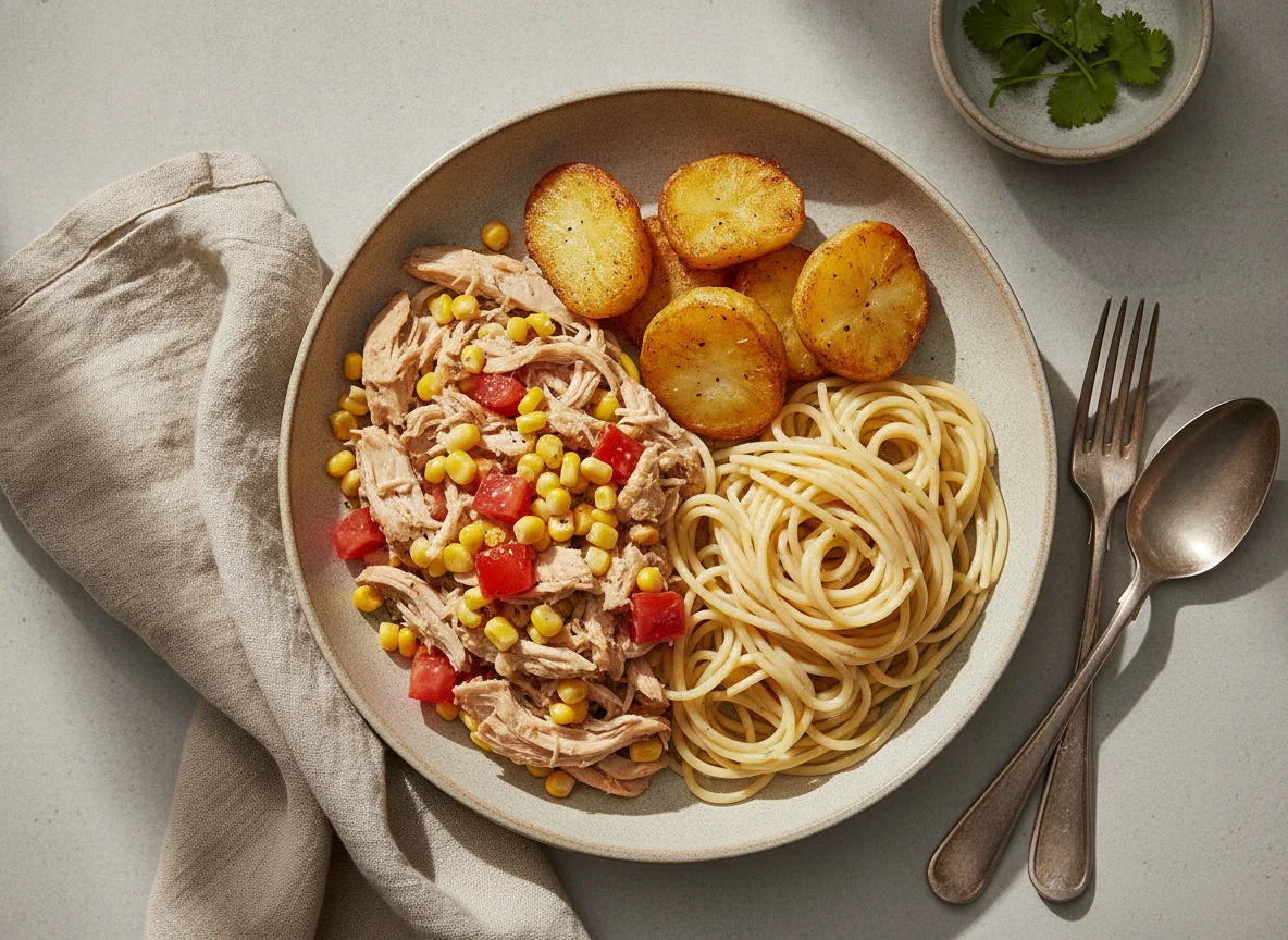 Pollo con choclo, fideos y papas duquesas photo