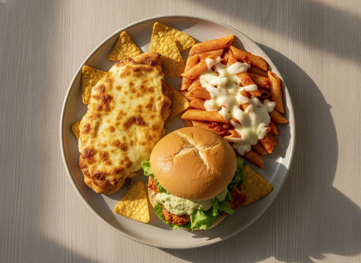 Pollo con costra de queso, pasta penne y sándwich de pollo photo