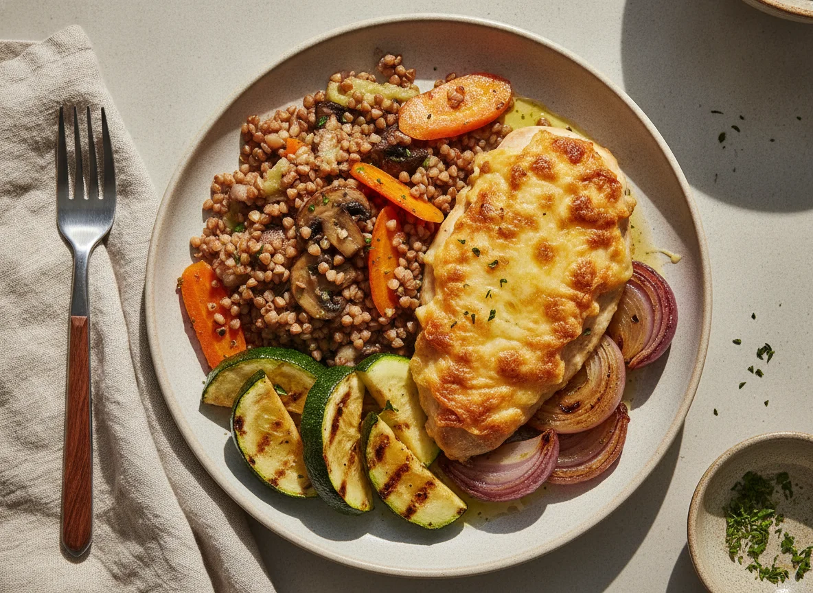 Pollo con costra de queso, trigo sarraceno y vegetales asados photo
