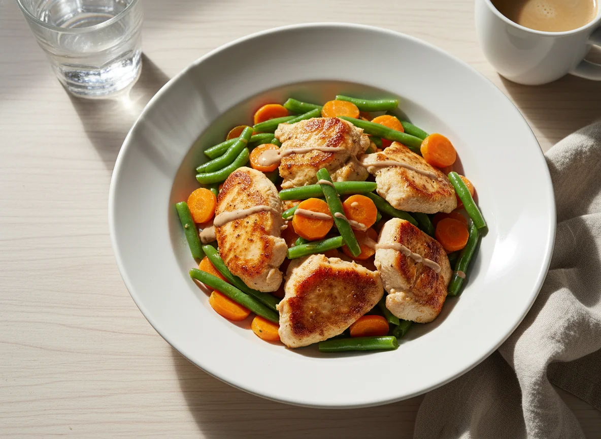 Pollo con ejotes y zanahorias photo