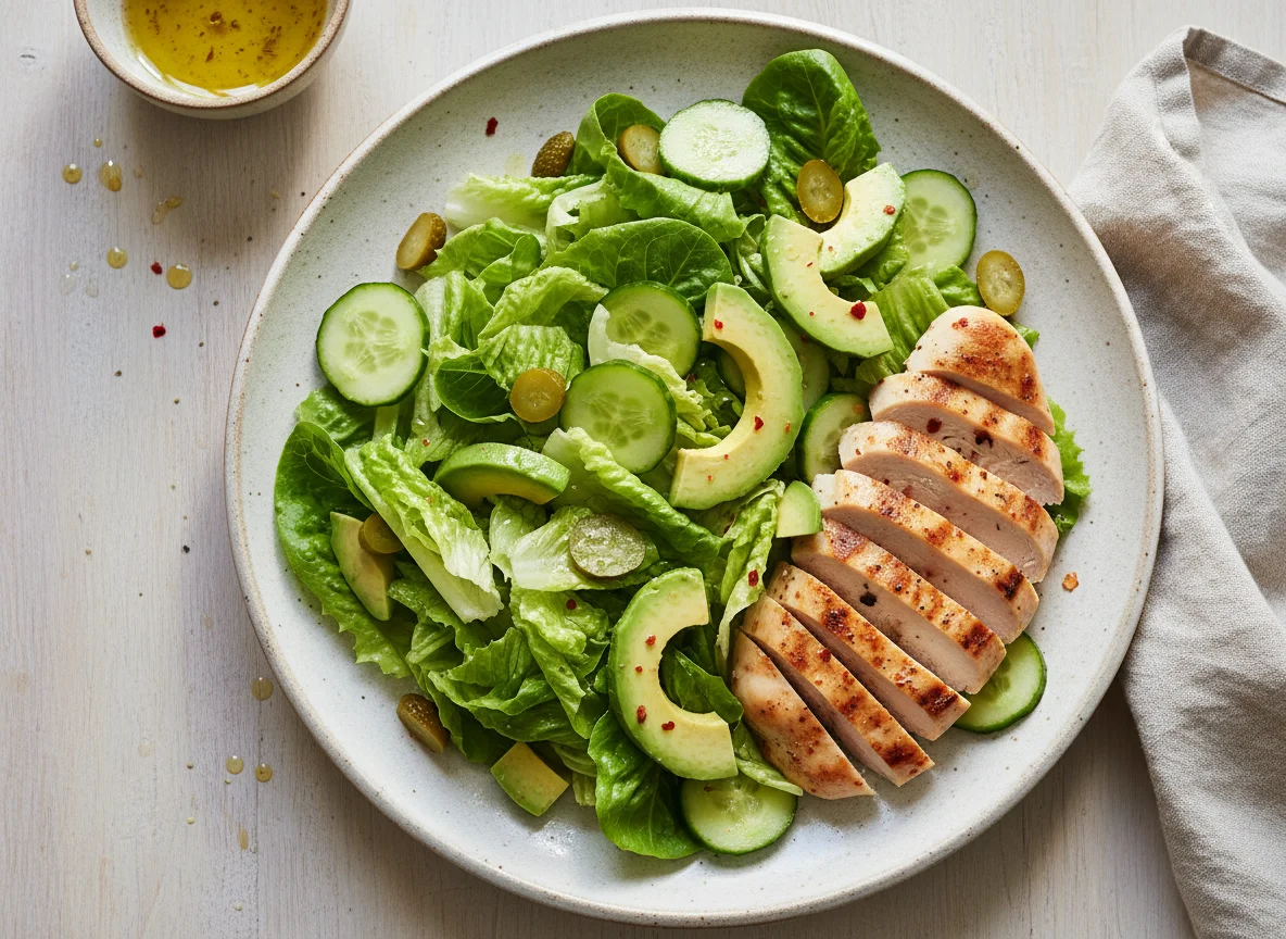 Pollo con ensalada de aguacate y pepino photo