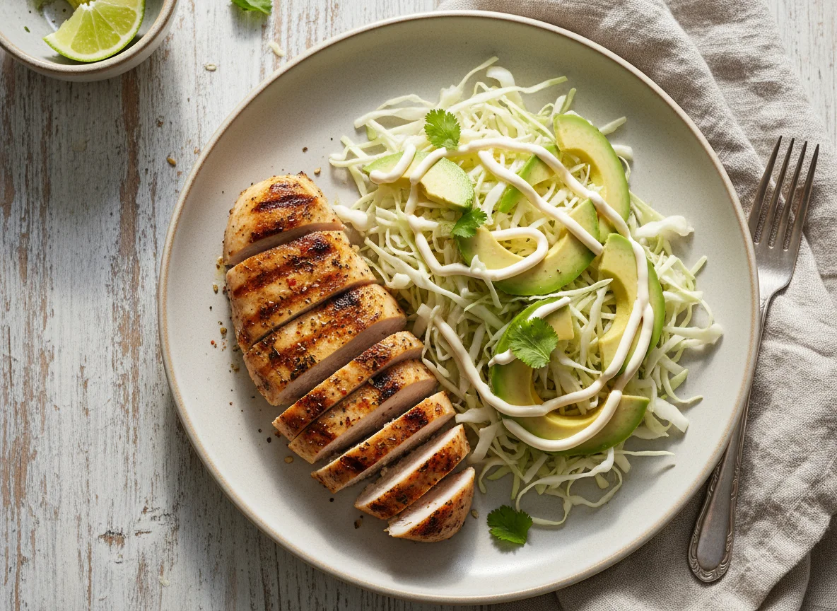 Pollo con ensalada de aguacate y repollo photo