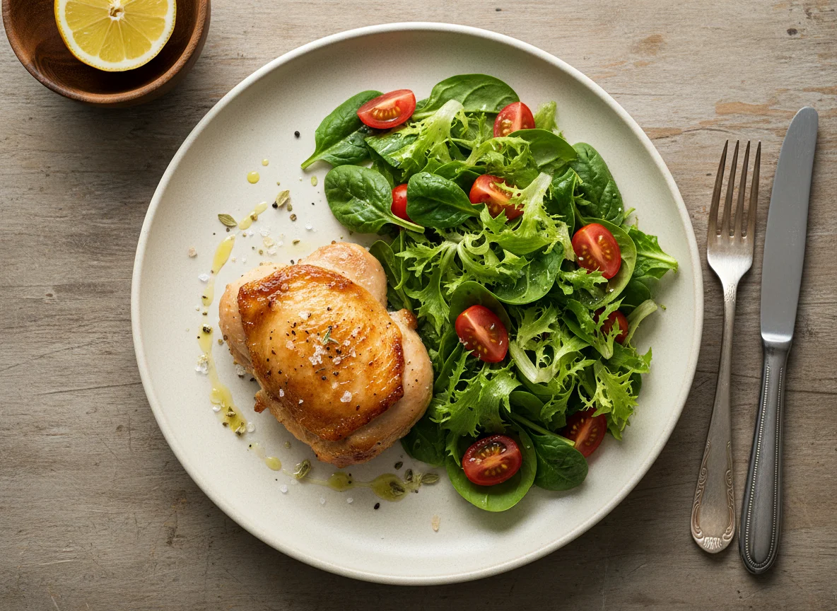 Pollo con ensalada de espinaca, tomate y lechuga photo