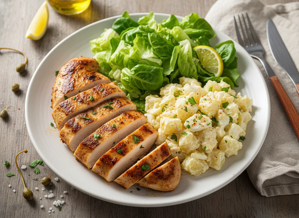 Pollo con ensalada de papas y lechuga photo