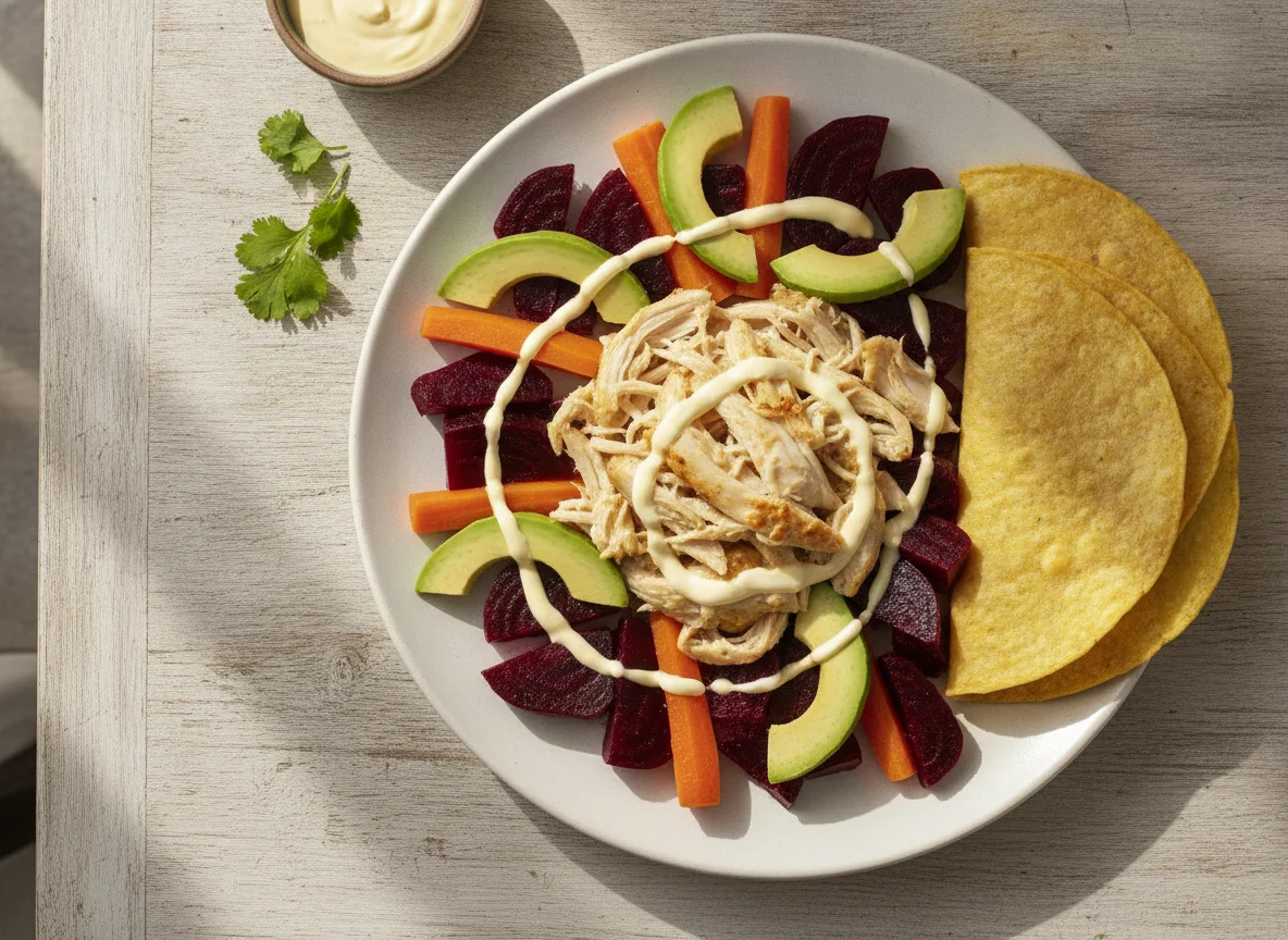 Pollo con ensalada de remolacha, aguacate y tortilla photo