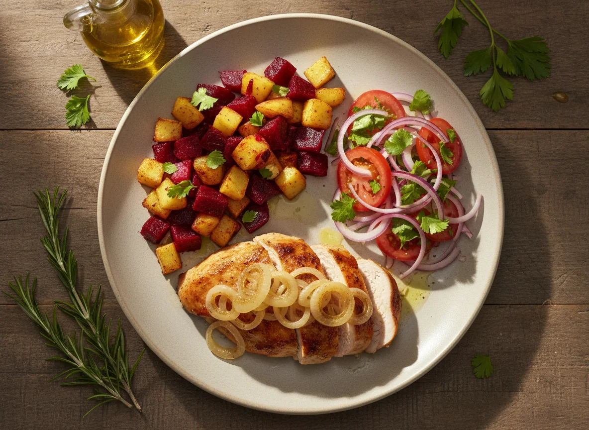 Pollo con ensalada de remolacha y papa, y ensalada criolla photo
