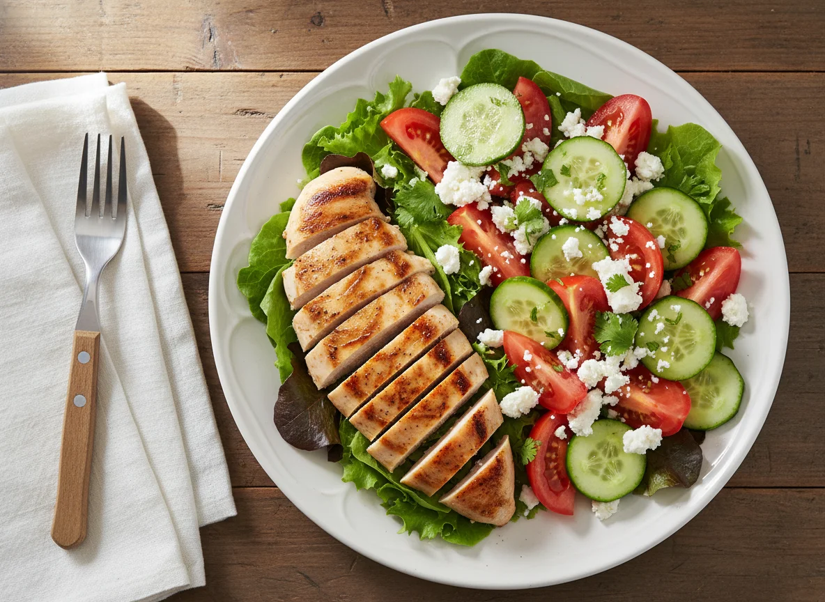 Pollo con ensalada de tomate, pepino y queso fresco photo