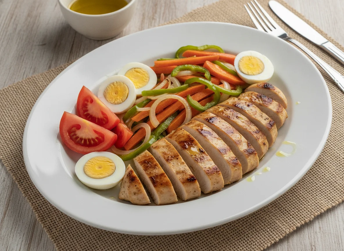 Pollo con ensalada de tomate y vegetales salteados photo