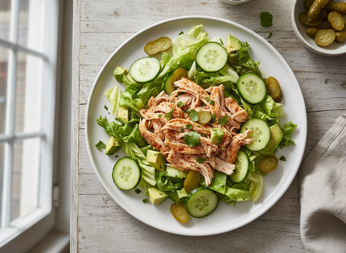 Pollo con ensalada y pepinillos photo