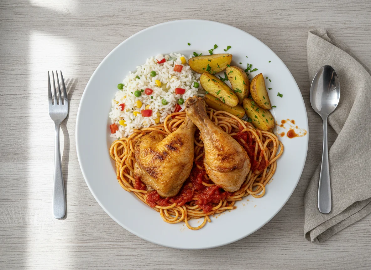 Pollo con espaguetis, patatas y arroz photo