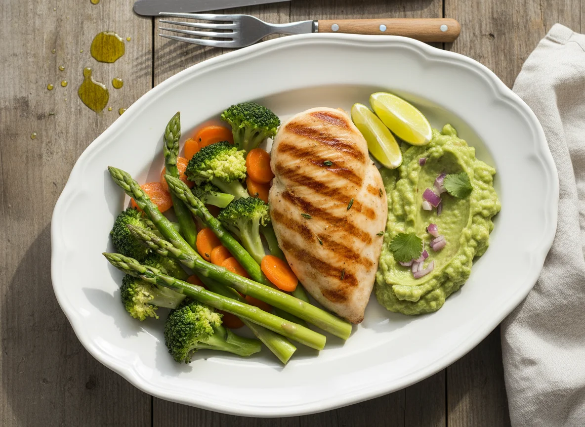 Pollo con espárragos, brócoli y guacamole photo