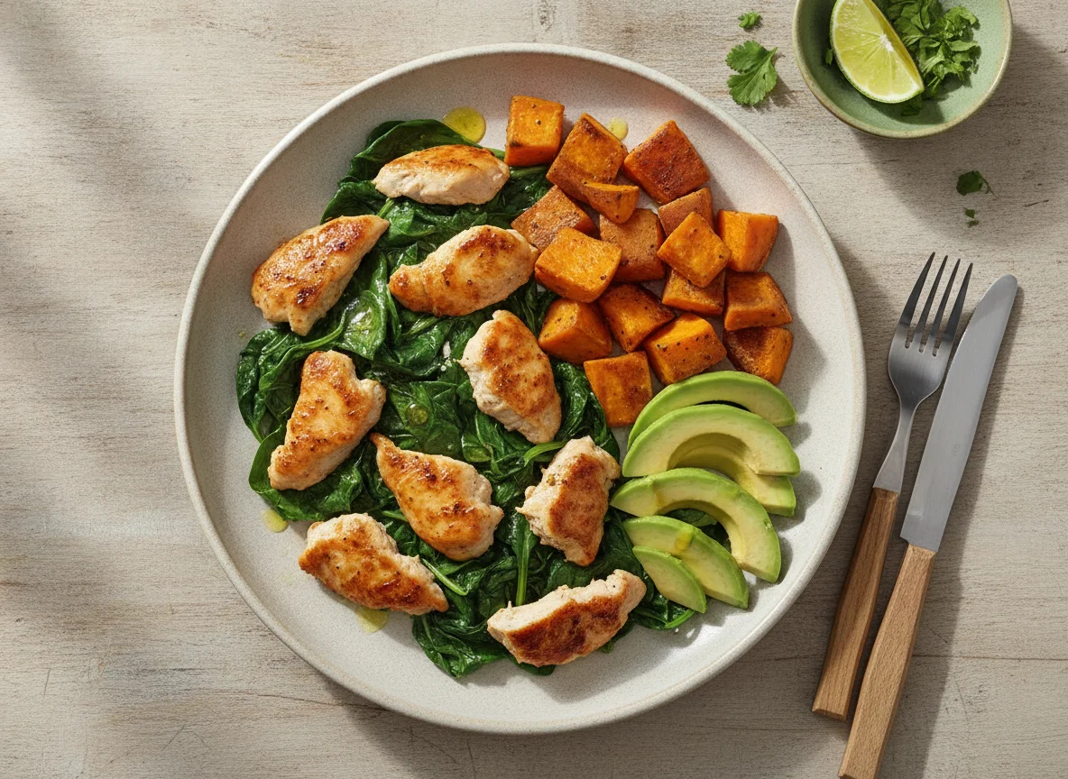 Pollo con espinacas, camote y aguacate photo