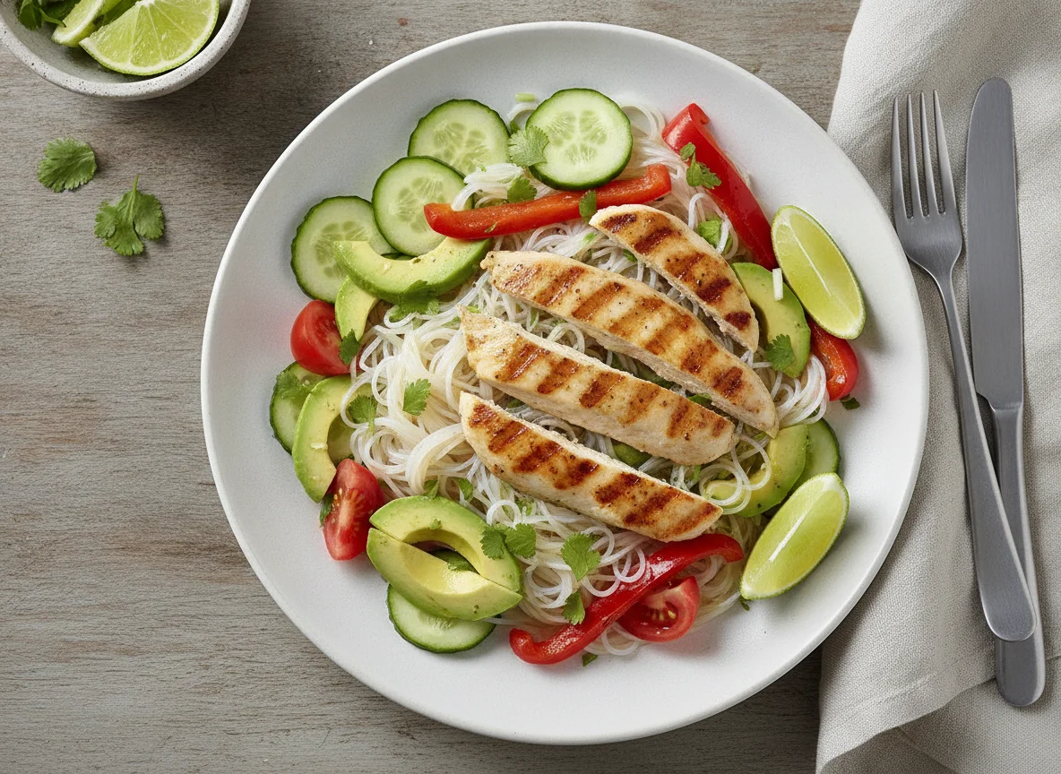 Pollo con fideos de arroz y vegetales photo