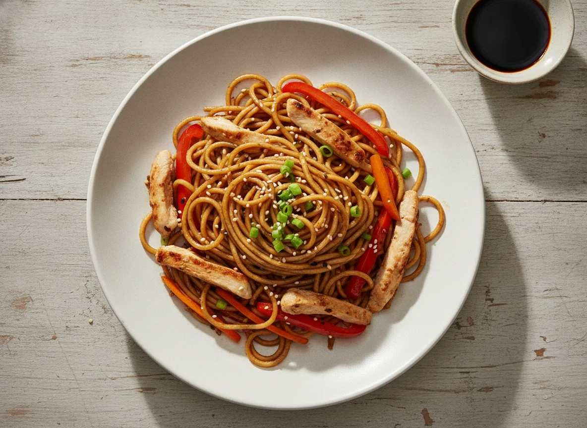 Pollo con fideos estilo oriental photo