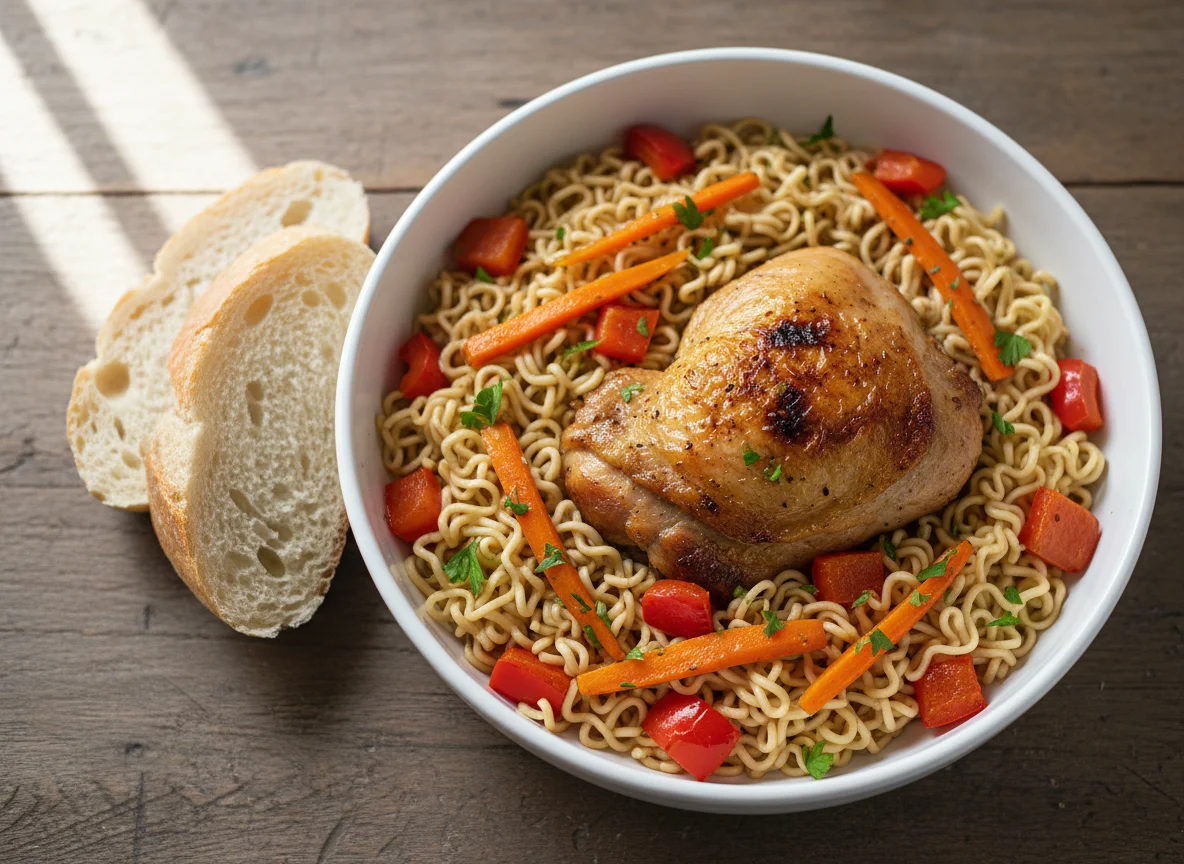 Pollo con fideos y pan photo