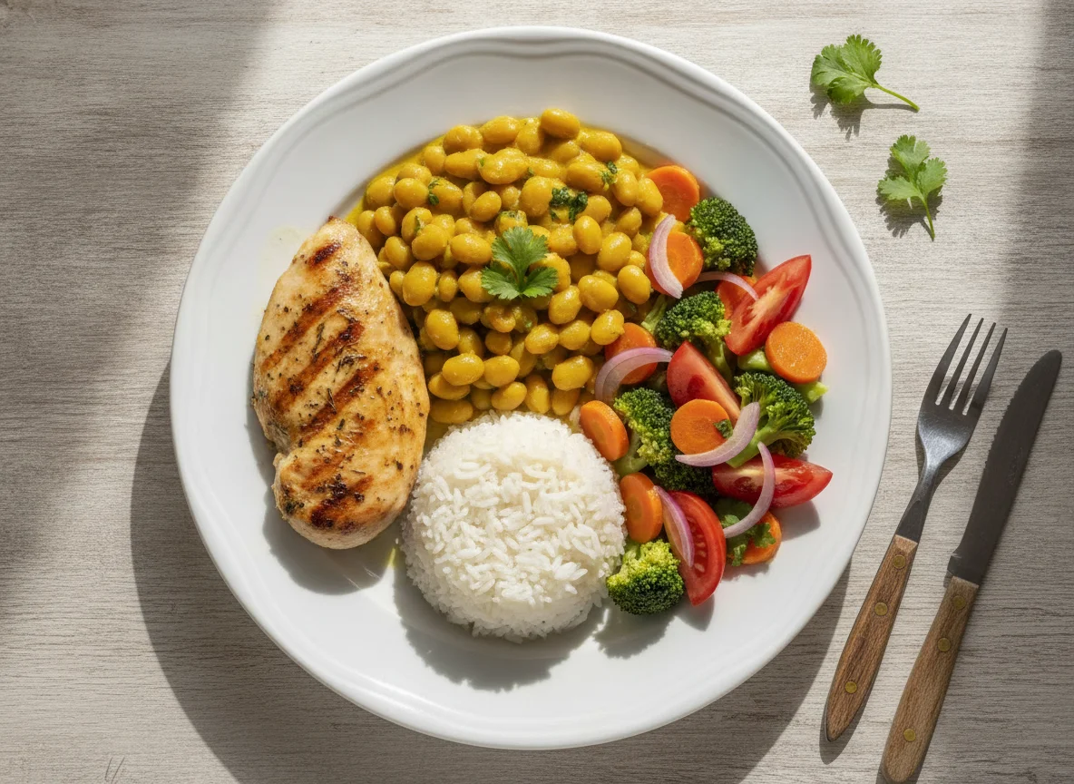 Pollo con frejoles, arroz y ensalada cocida photo