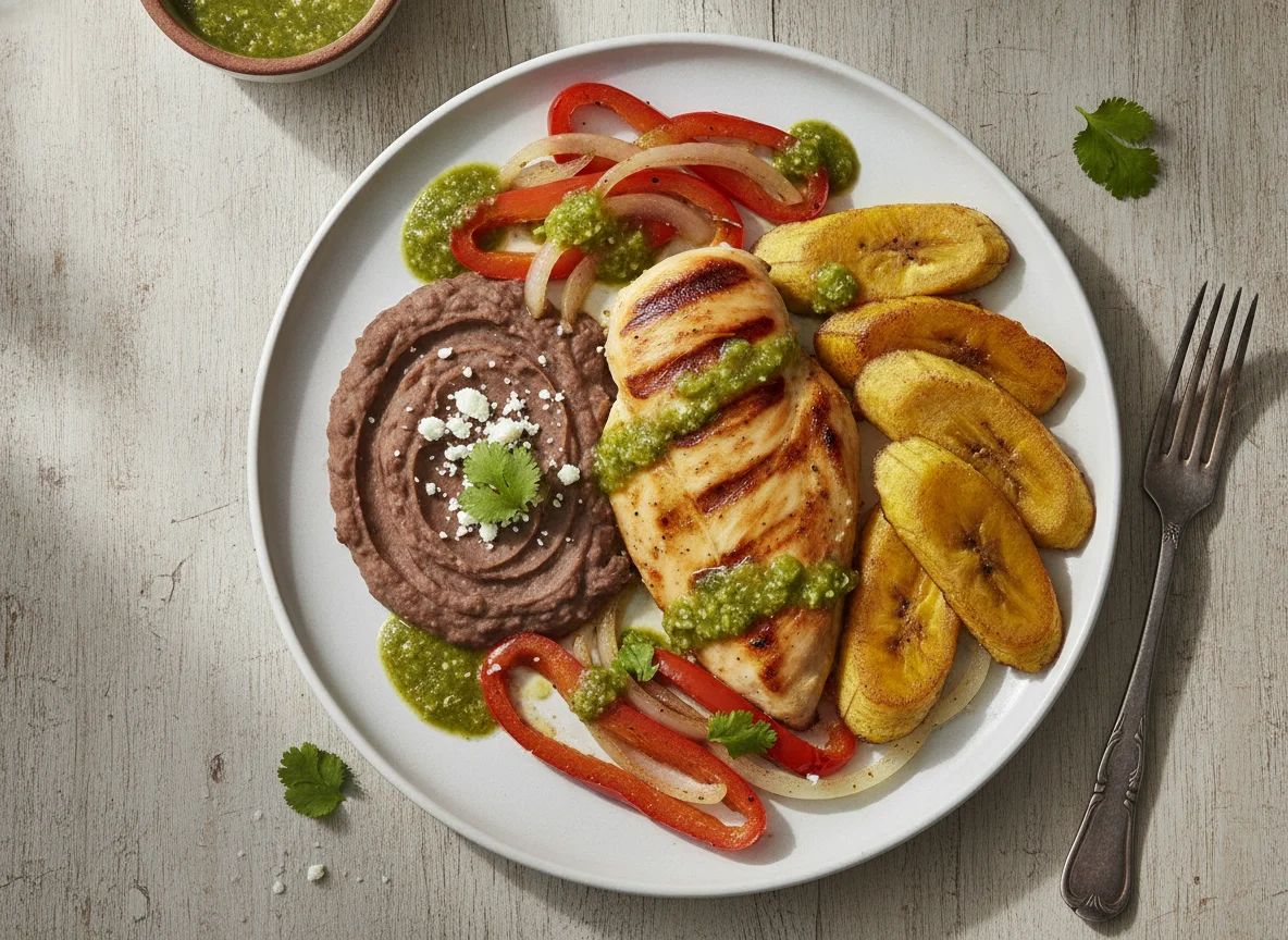 Pollo con frijoles refritos y plátano macho photo