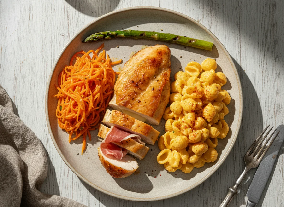 Pollo con jamón y queso, macarrones con queso, zanahorias coreanas, un espárrago photo