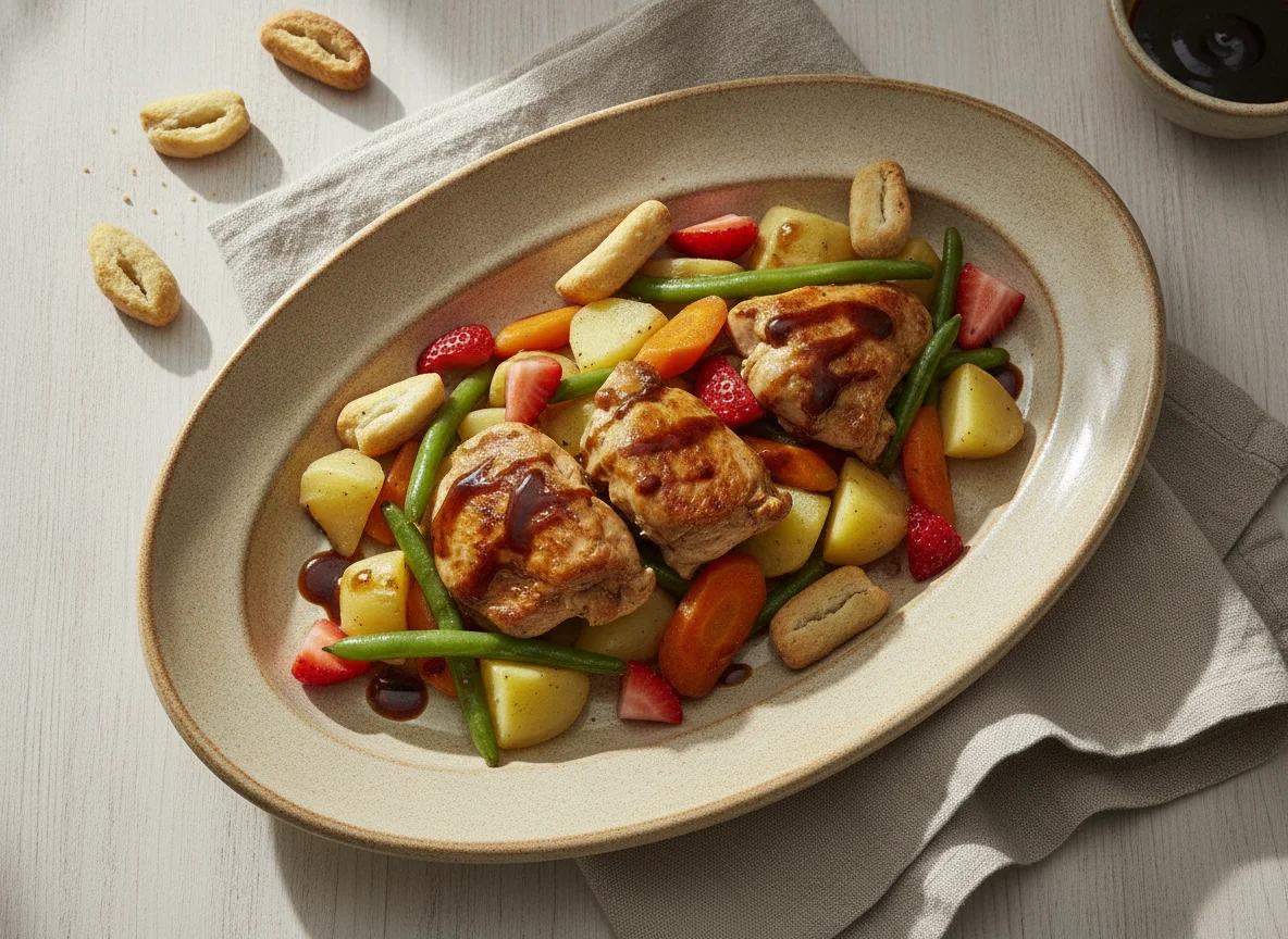 Pollo con judías verdes, patatas y fresas photo