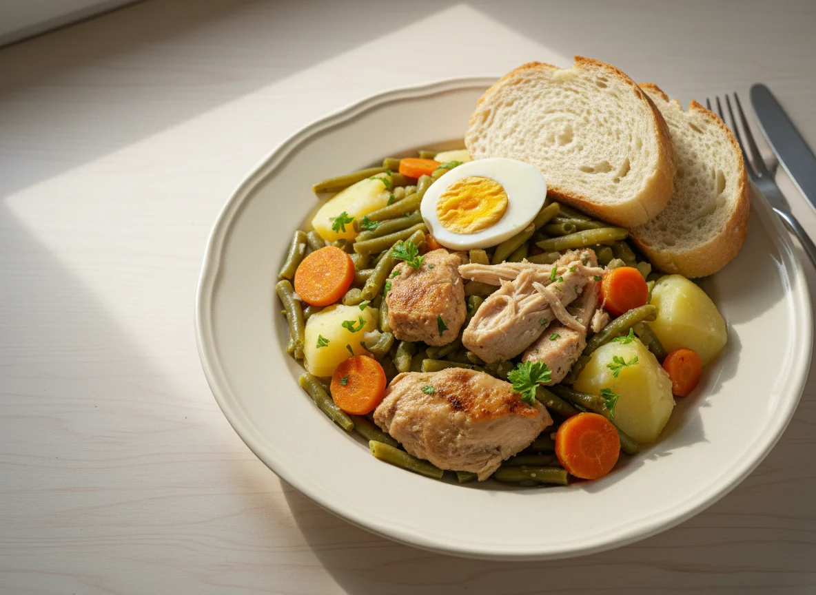 Pollo con judías verdes, patatas, zanahorias y huevo cocido photo