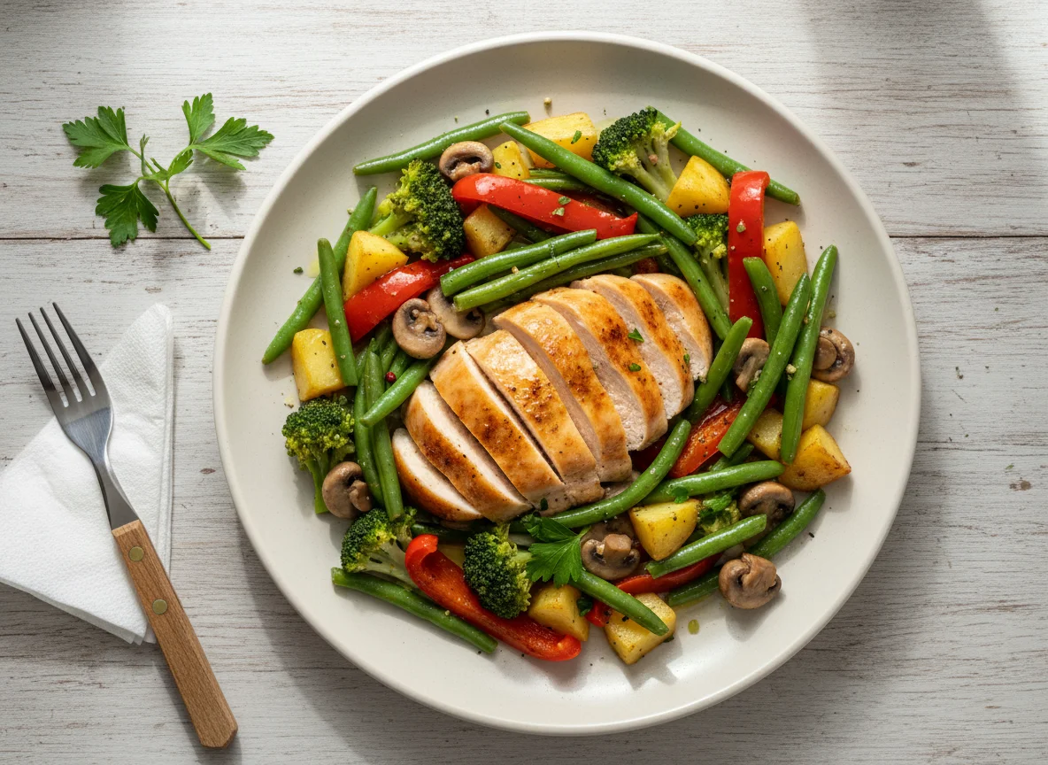 Pollo con judías verdes y verduras photo