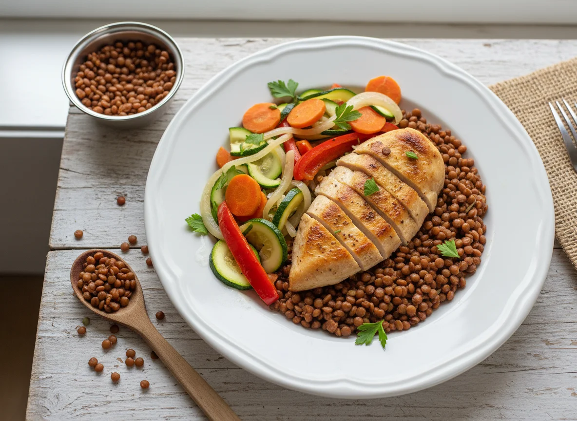 Pollo con lentejas y vegetales salteados photo