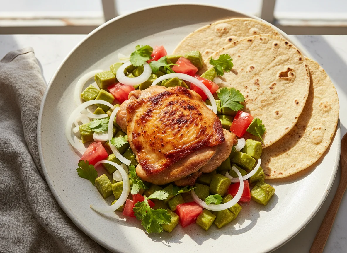 Pollo con nopales y tortilla photo