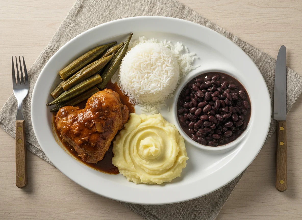 Pollo con okra, arroz, puré de patatas y frijoles negros photo