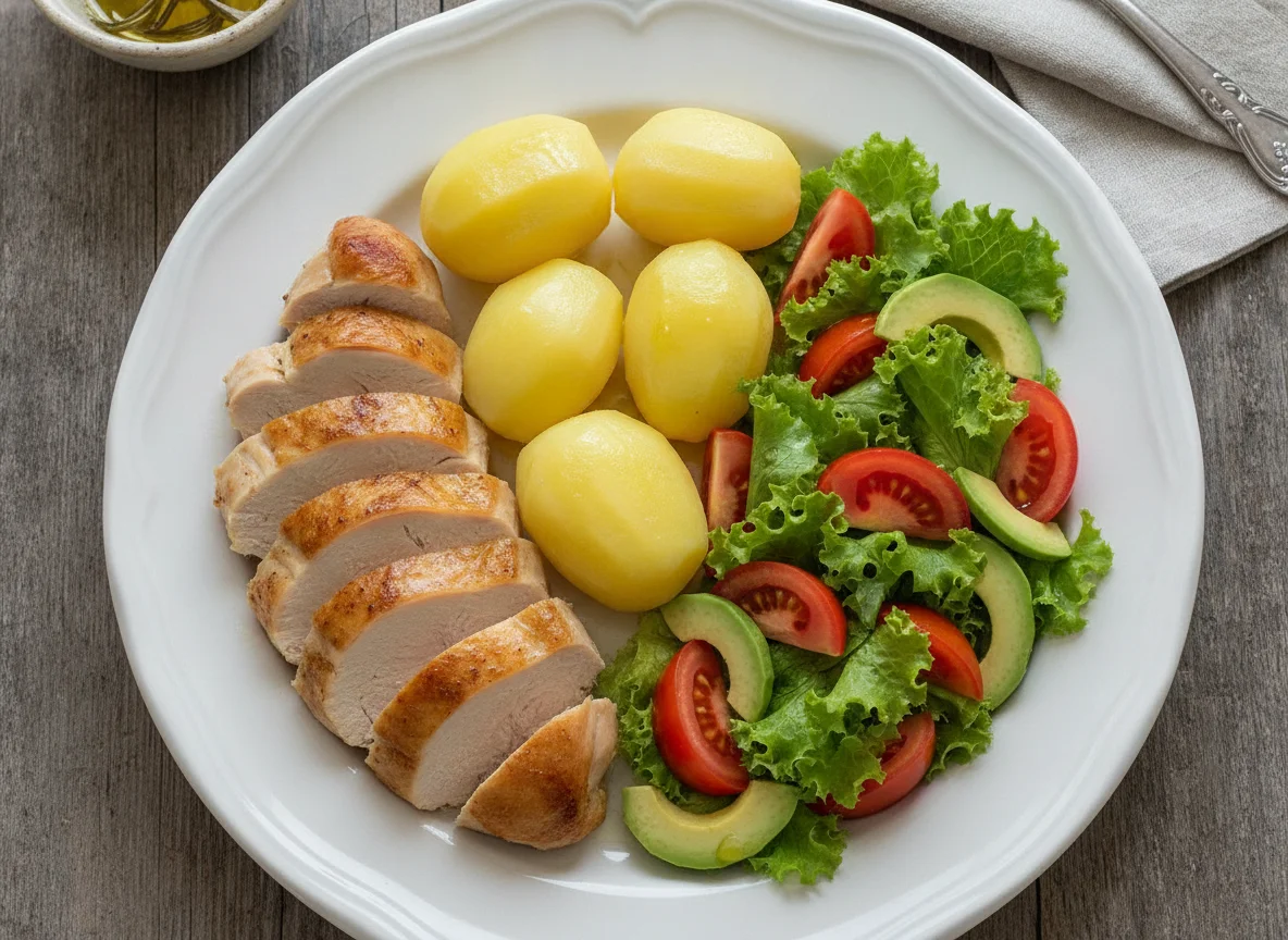 Pollo con papas cocidas y ensalada mixta photo