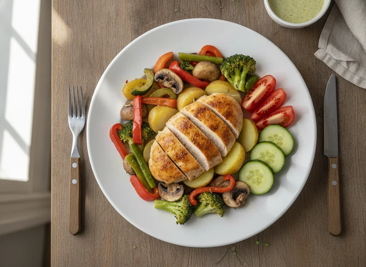Pollo con papas cocidas y verduras salteadas photo