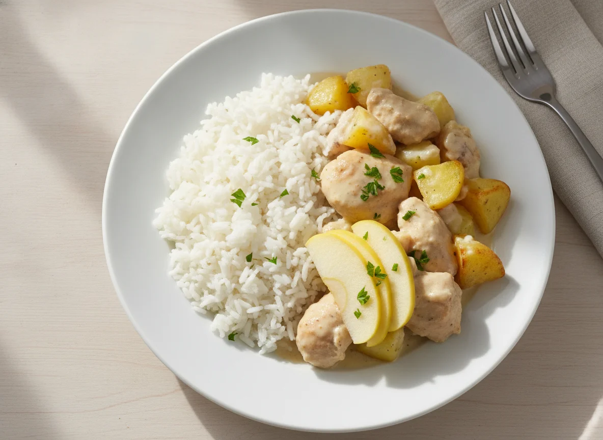 Pollo con papas en salsa blanca y arroz photo